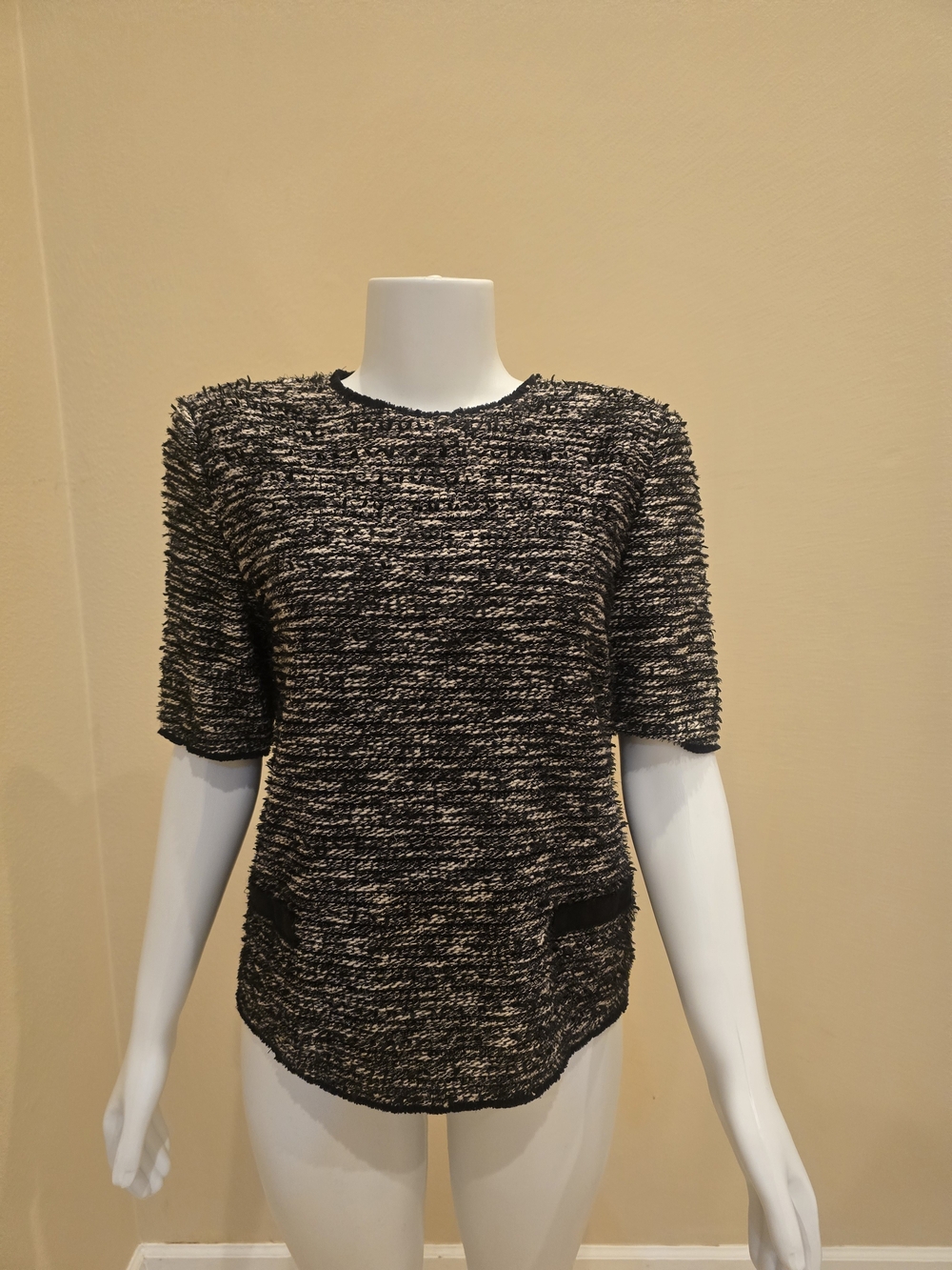 Zara Black and White Textured Short-Sleeve Sweater